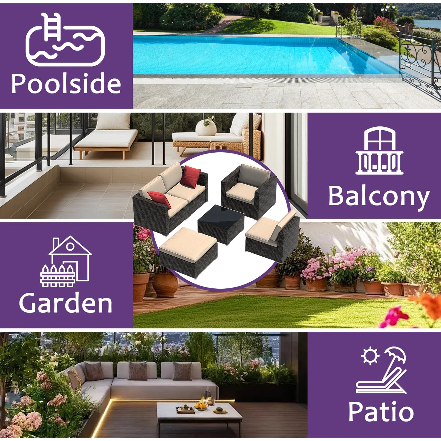 Six To Seven Piece Outdoor Patio Furniture Set With Cushions