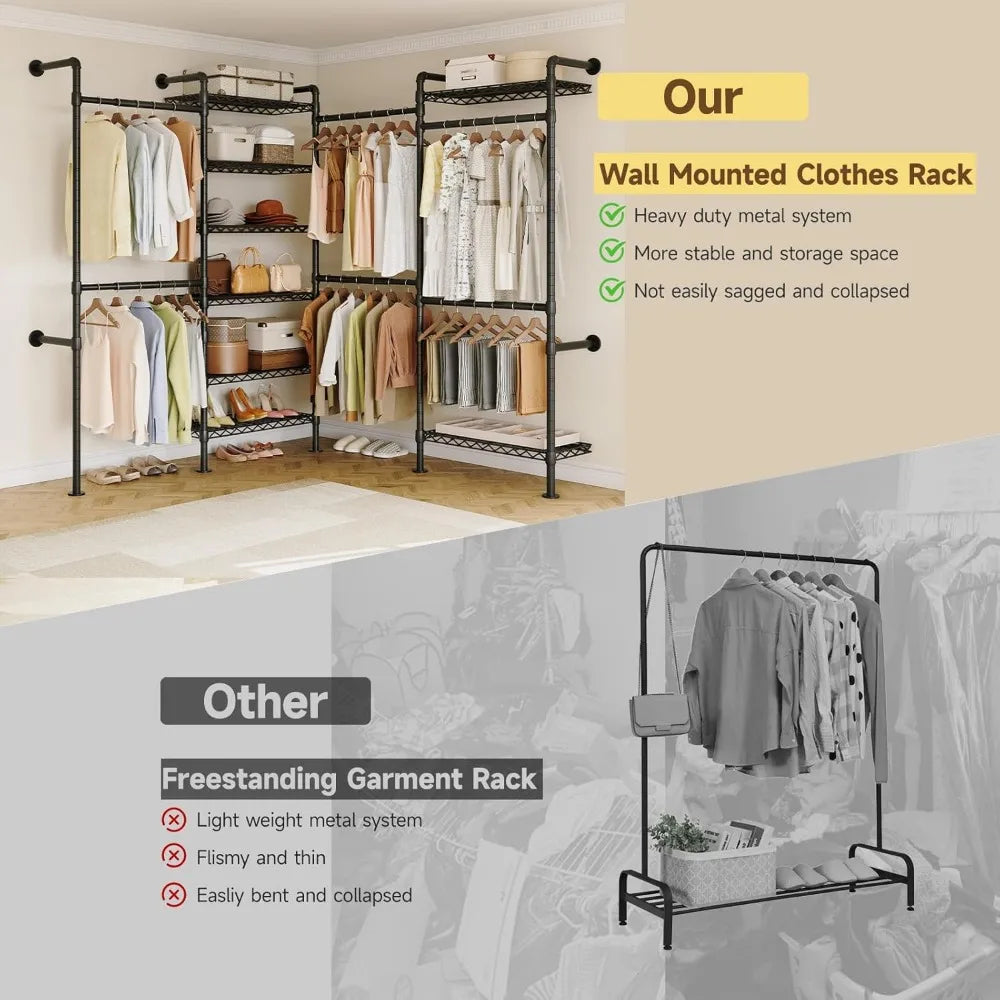 Industrial Wall Mounted Pipe Clothing Rack System For Closet Organization