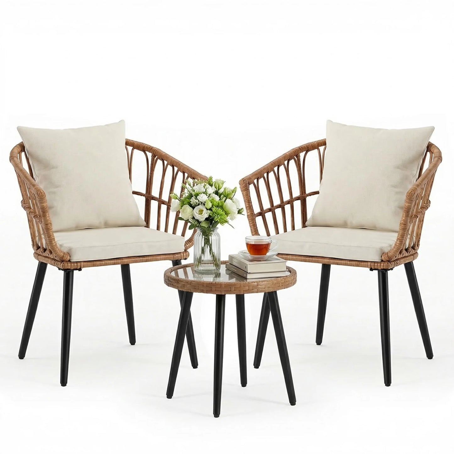 JHK Wicker Patio Set With Glass Table And Soft Cushions