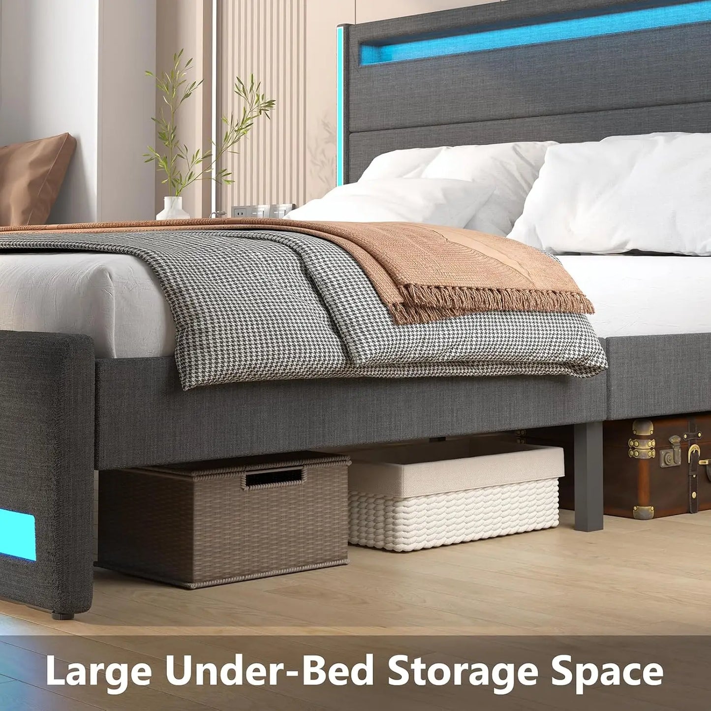 Platform Bed With LED Lights USB Charging Adjustable Headboard