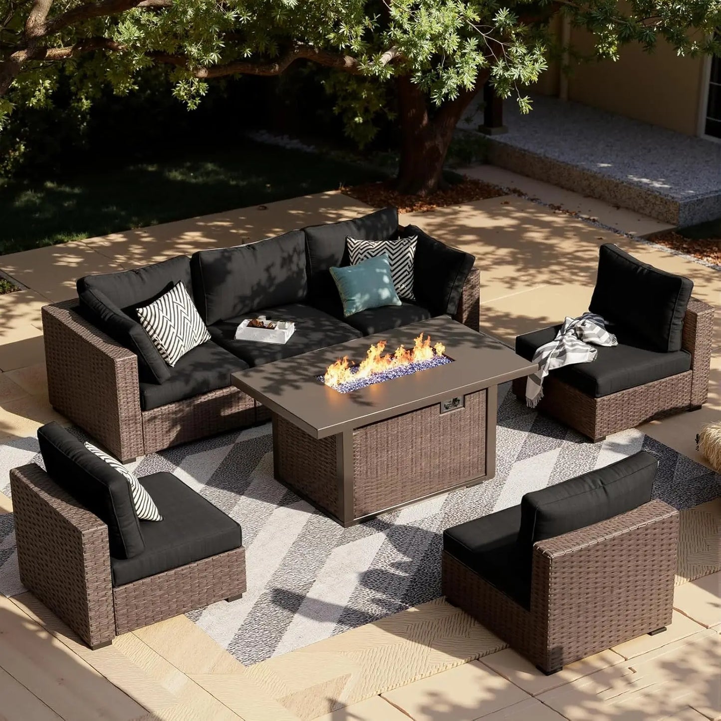 XIAOLANG 7-Piece Outdoor Patio Furniture Set With Firepit Table