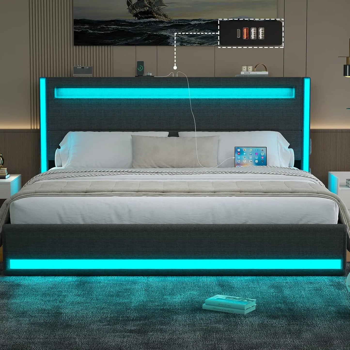 Platform Bed With LED Lights USB Charging Adjustable Headboard