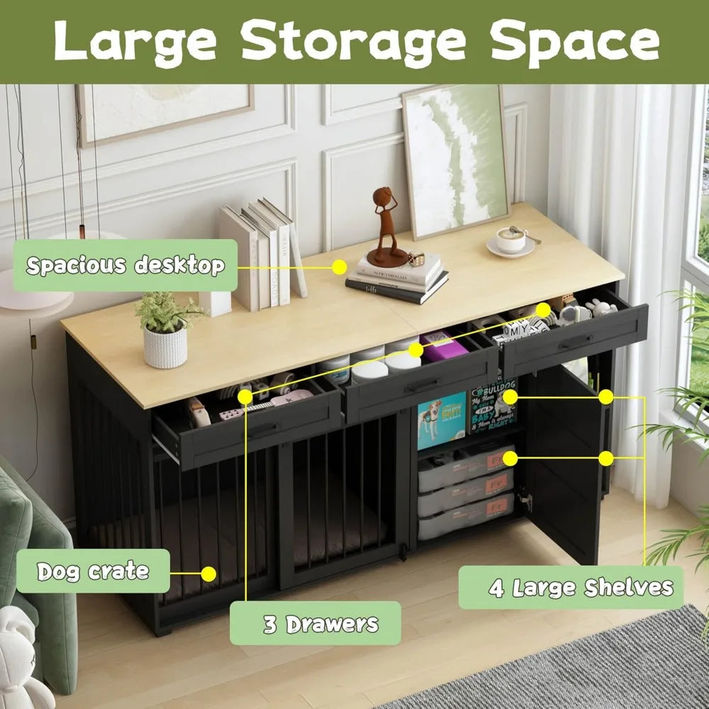 Durable Wooden Dog Crate Table With Storage And Shelves