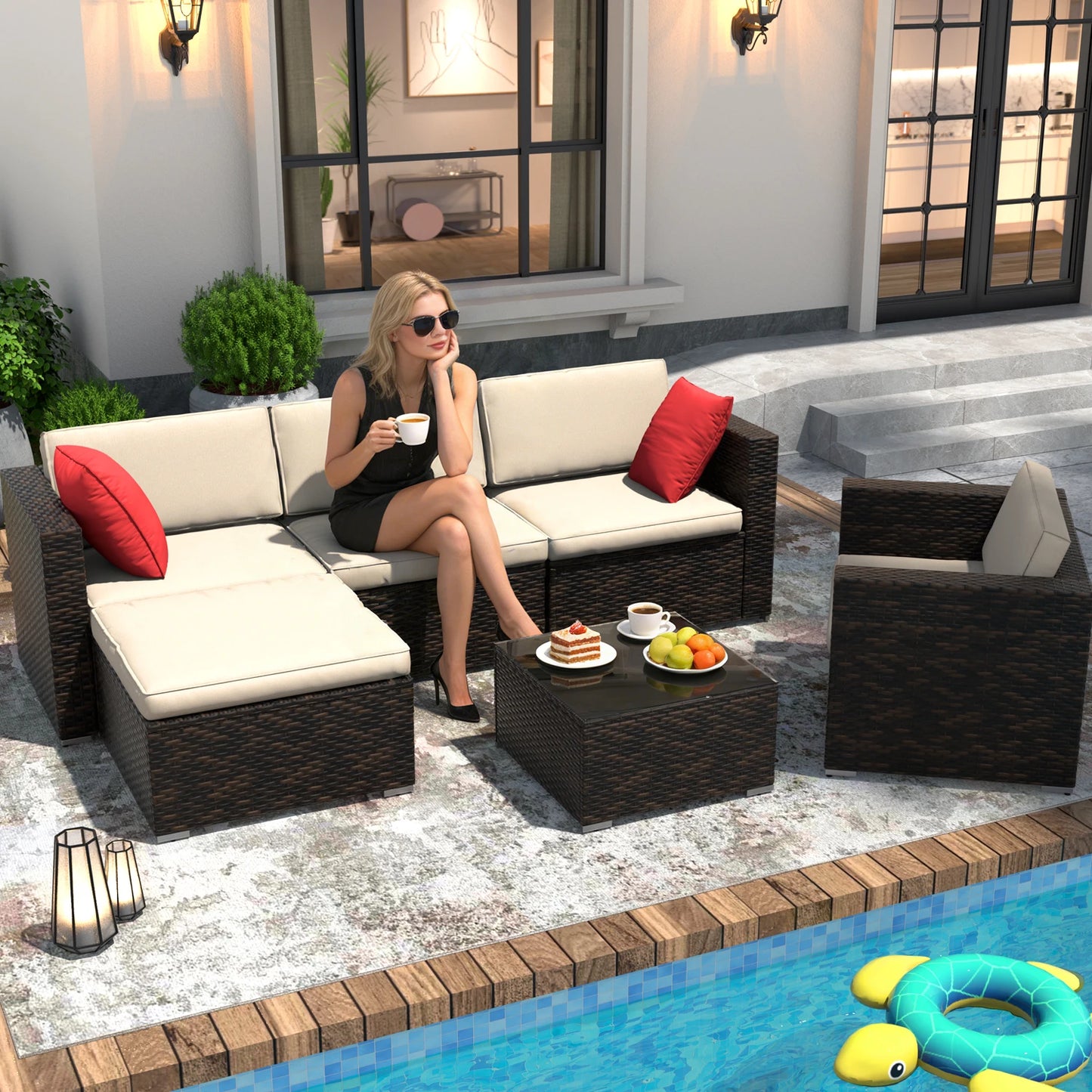 Six To Seven Piece Outdoor Patio Furniture Set With Cushions