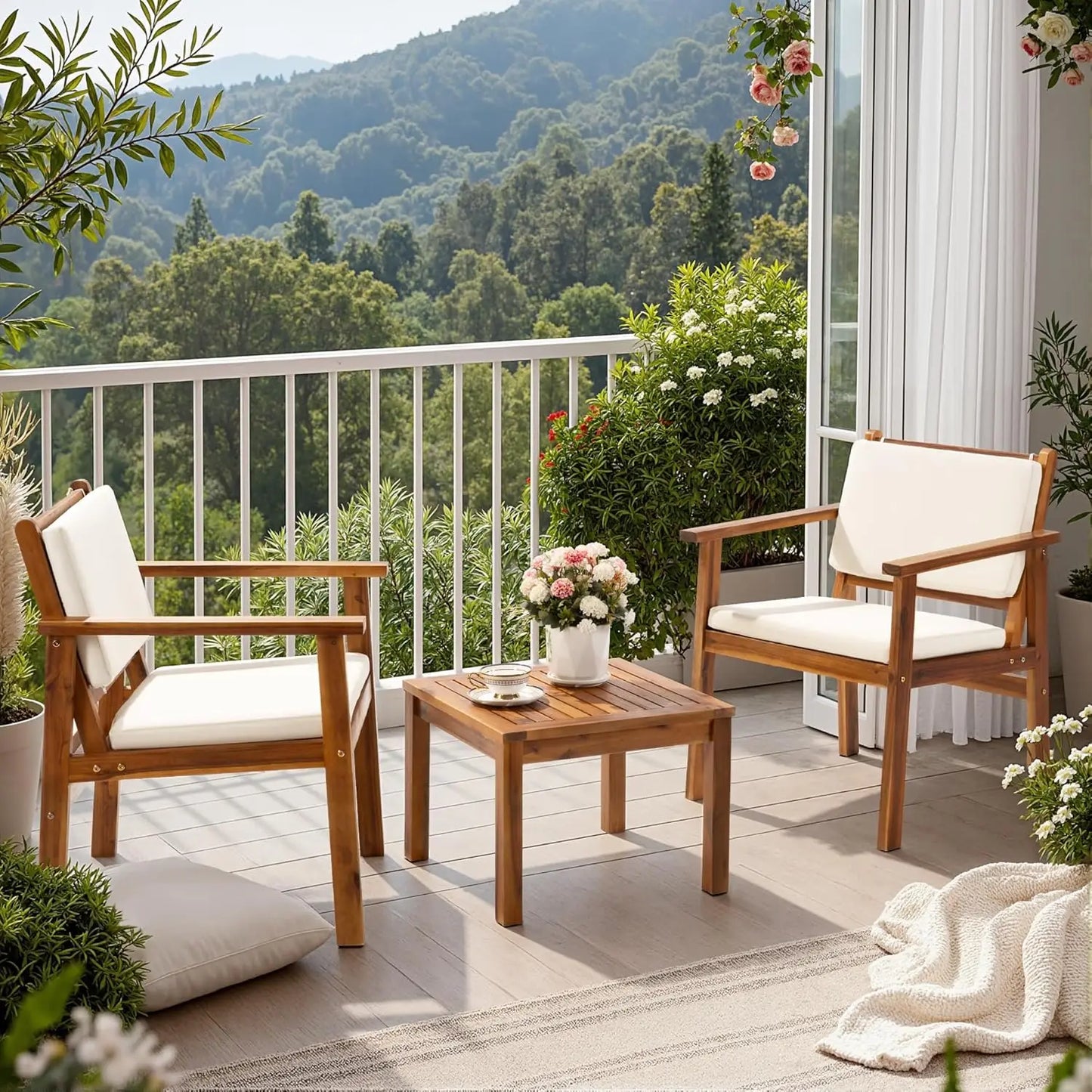 Flamaker 3-Piece Acacia Patio Set With Coffee Table And Cushions
