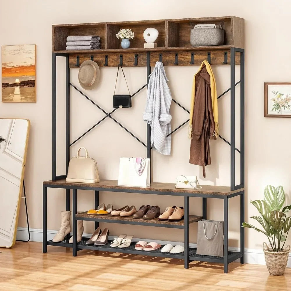 Industrial Entryway Bench With Coat Rack And Shoe Storage