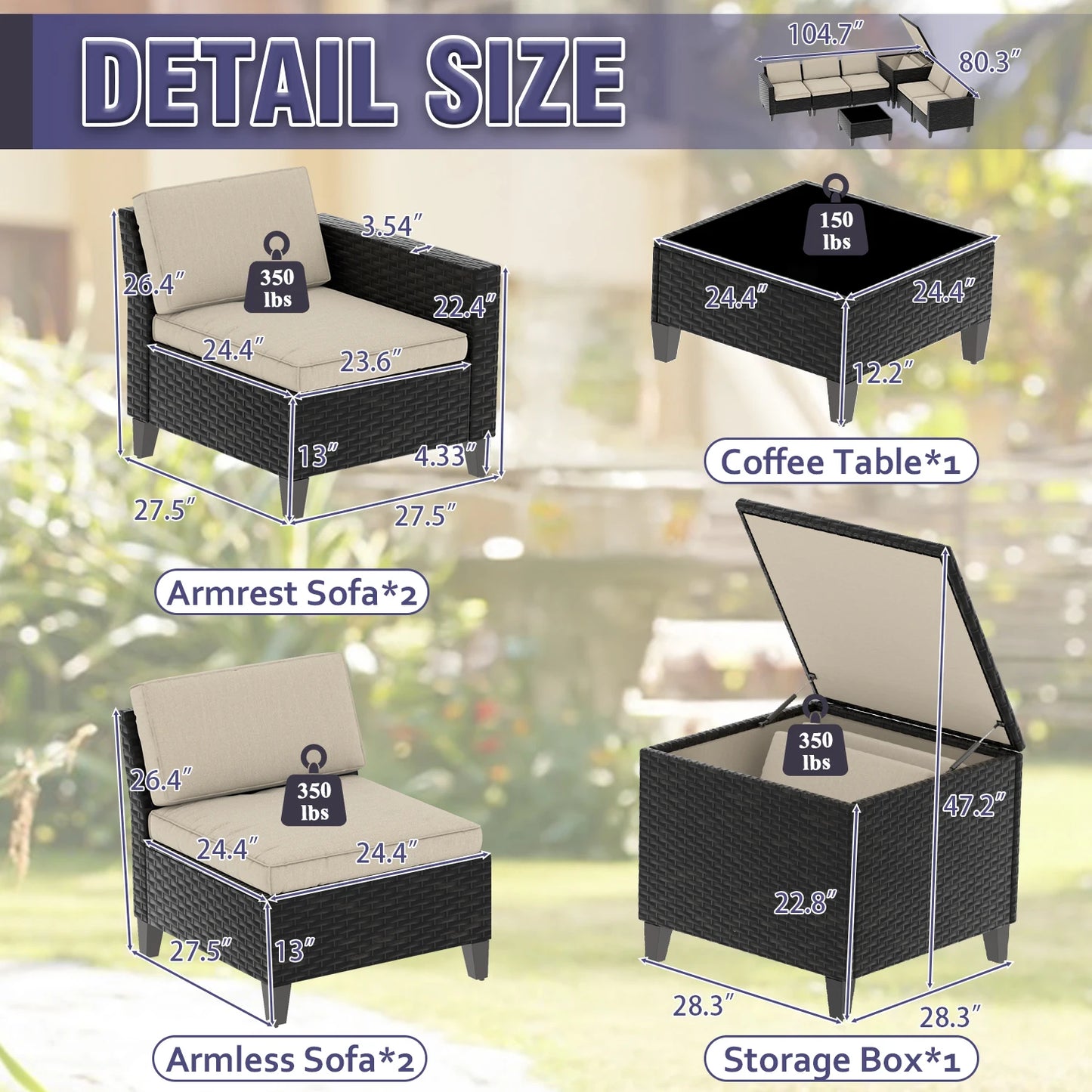 Six To Seven Piece Outdoor Patio Furniture Set With Cushions