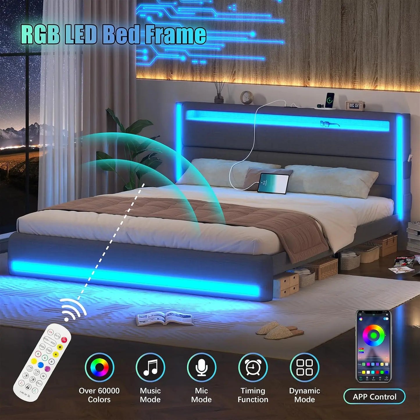 Platform Bed With LED Lights USB Charging Adjustable Headboard