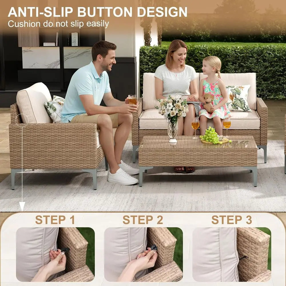 All-Weather Wicker Outdoor Patio Sectional Set With Tempered Glass Table