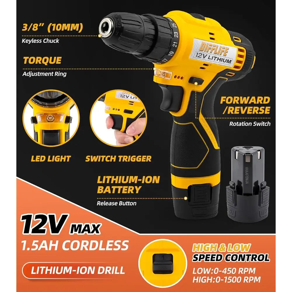 XMSJDIY 12V Drill Driver Combo Kit Cordless Power Tool Set