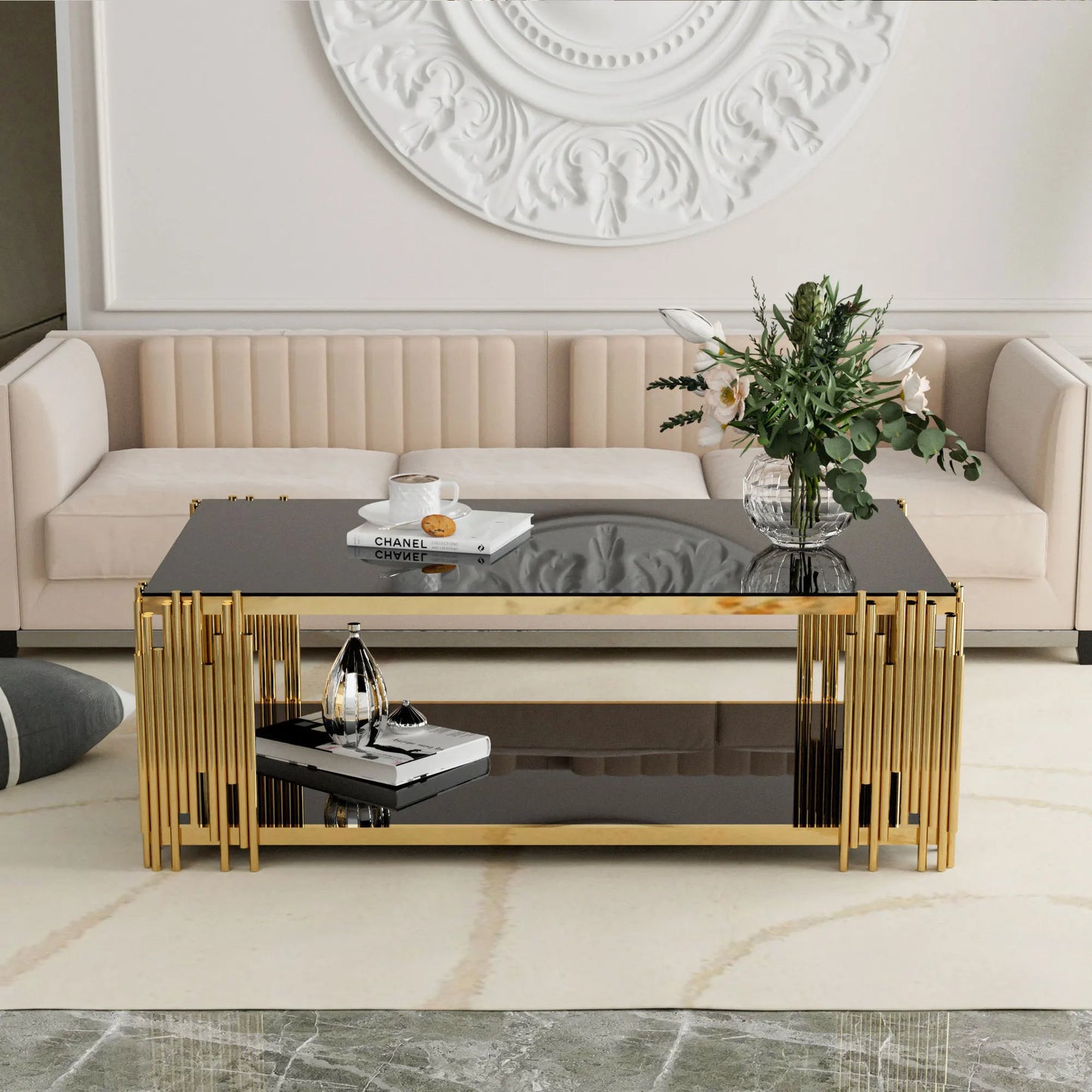 Stainless Steel Rectangular Glass Coffee Table Modern Living Room