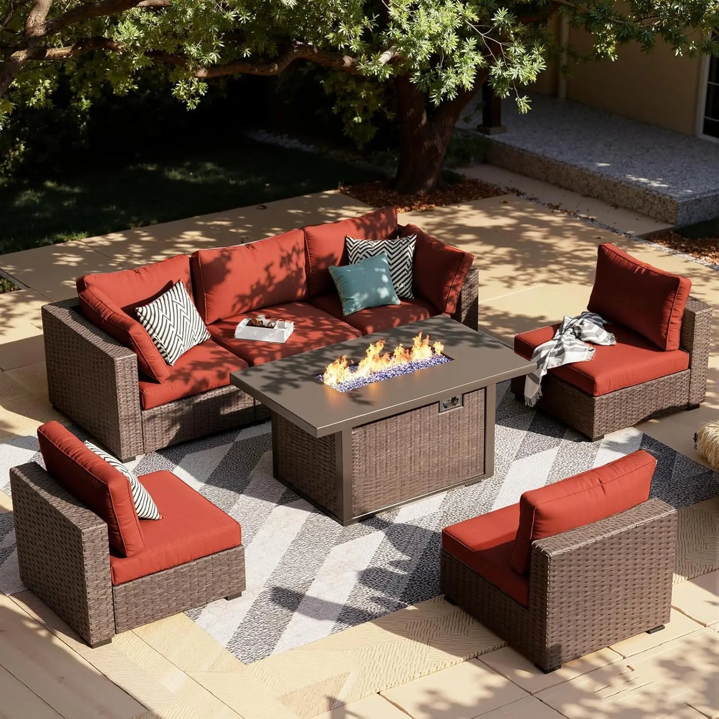 XIAOLANG 7-Piece Outdoor Patio Furniture Set With Firepit Table