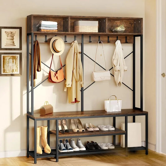 Industrial Entryway Bench With Coat Rack And Shoe Storage