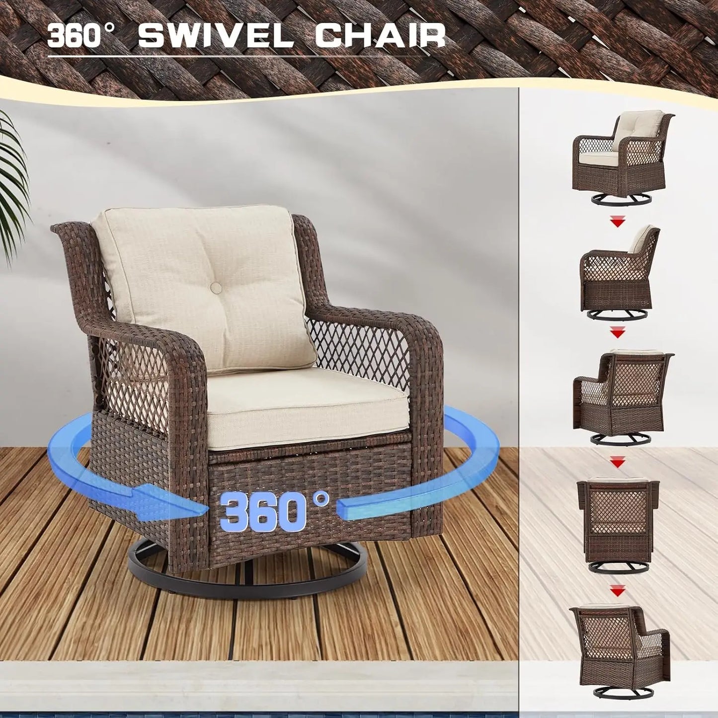 XIAOLANG Wicker Patio Furniture Set With 360 Degree Swivel Chairs