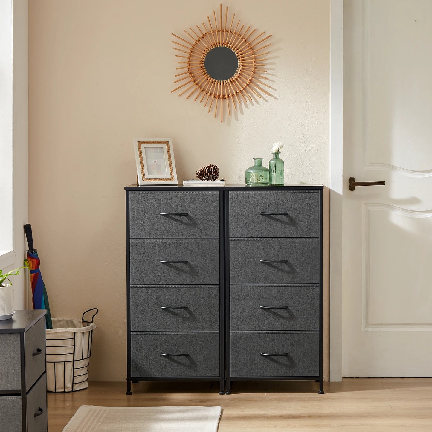 JHK Dresser With 4 Fabric Drawers Nightstand Wardrobe Steel Frame