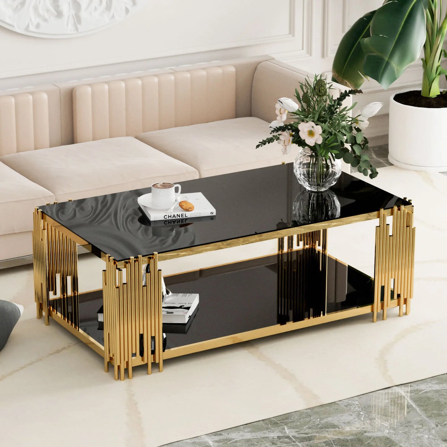 Stainless Steel Rectangular Glass Coffee Table Modern Living Room