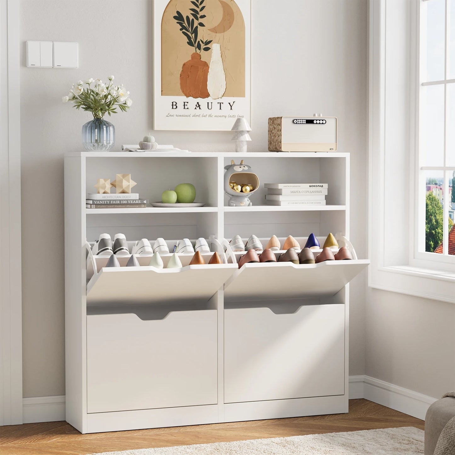 VOWNER Shoe Storage Cabinet With 4 Flip Drawers Freestanding