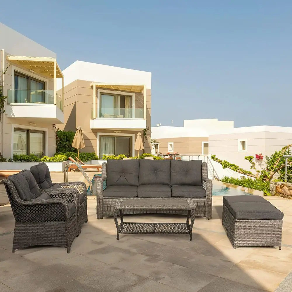 Grey Wicker Outdoor Patio Furniture Set With Sectional Sofa And Coffee Table