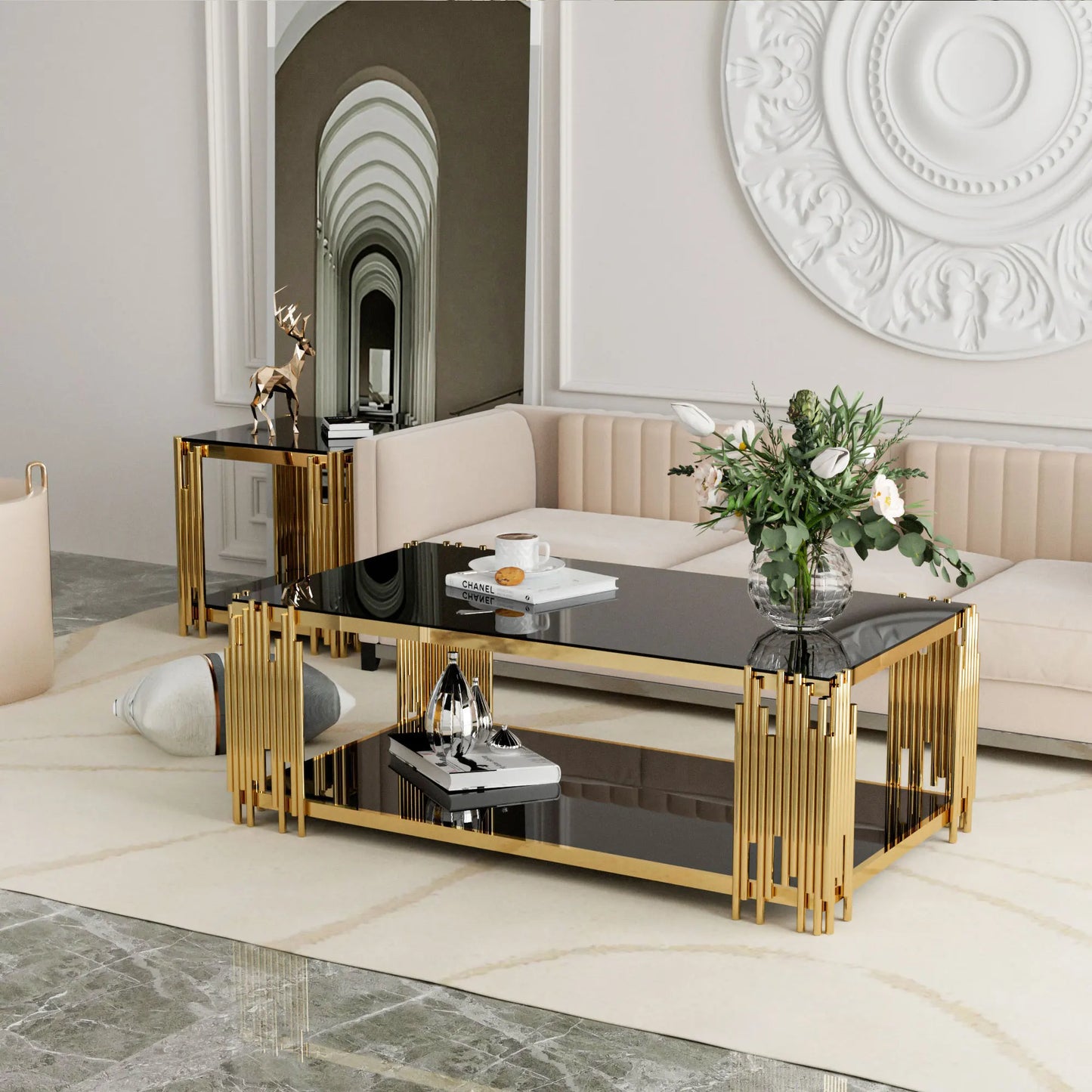 Stainless Steel Rectangular Glass Coffee Table Modern Living Room