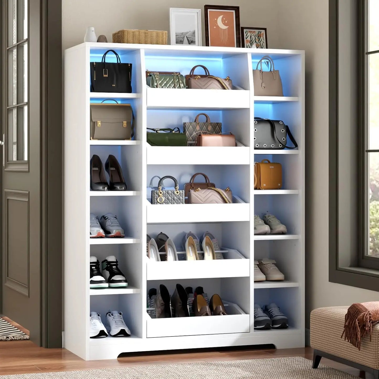 Shoe Storage Cabinet With 5 Drawers And 12 Shelves Freestanding