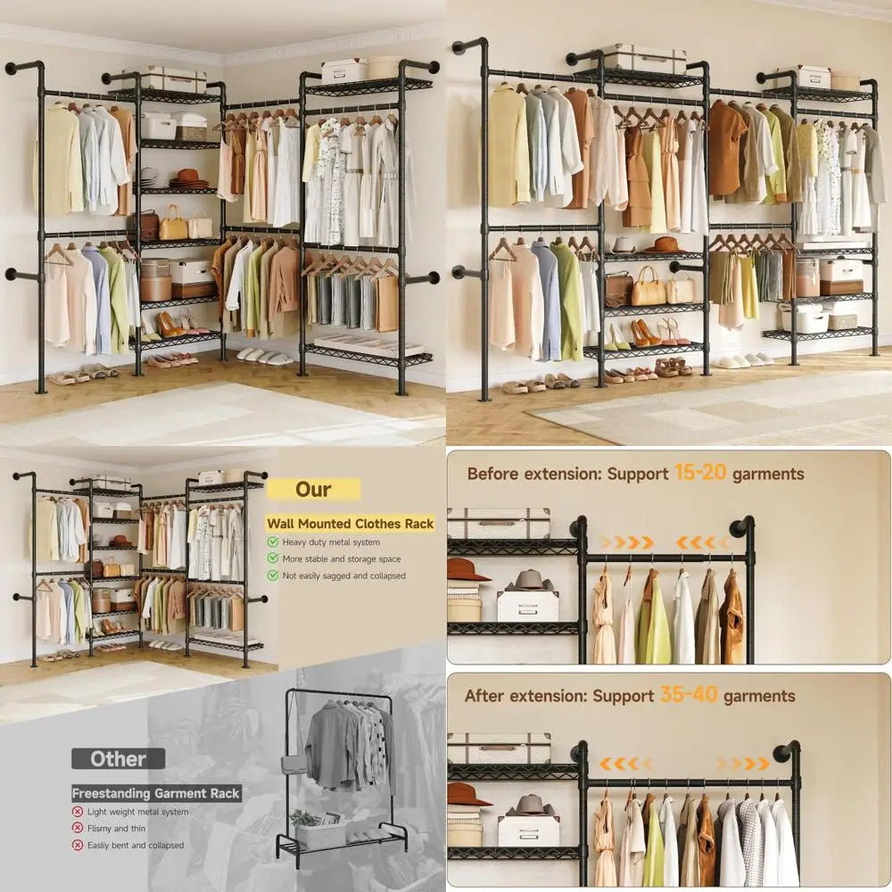 Industrial Wall Mounted Pipe Clothing Rack System For Closet Organization