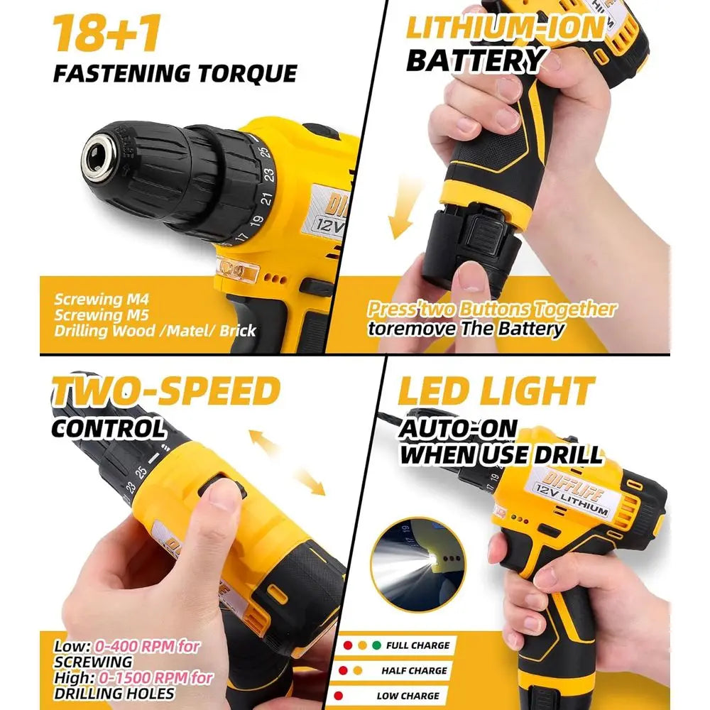 XMSJDIY 12V Drill Driver Combo Kit Cordless Power Tool Set