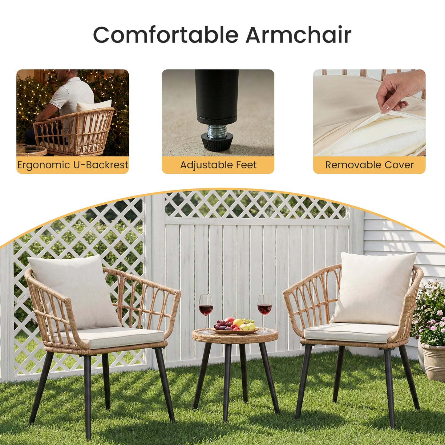 JHK Wicker Patio Set With Glass Table And Soft Cushions