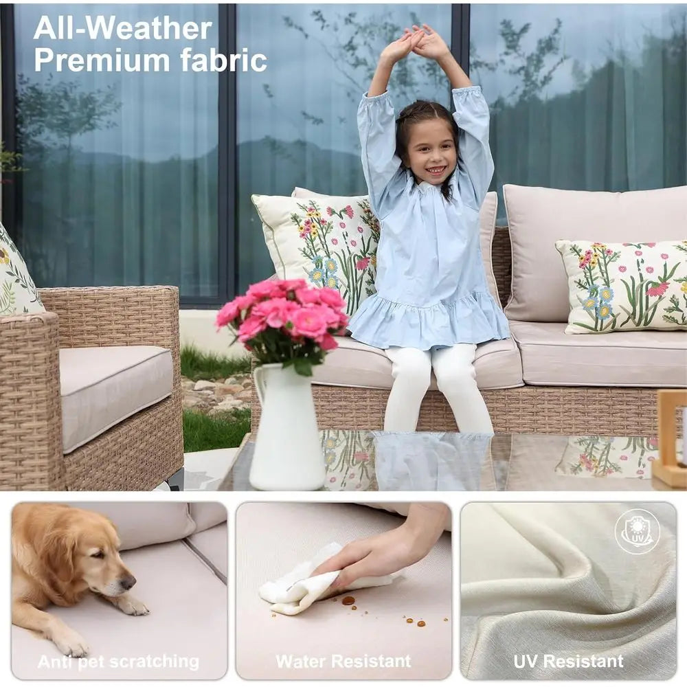 All-Weather Wicker Outdoor Patio Sectional Set With Tempered Glass Table