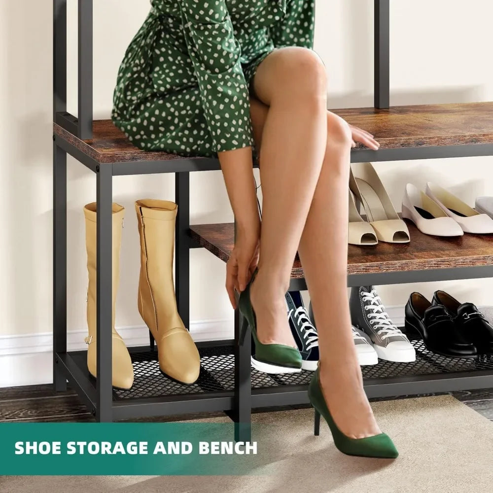 Industrial Entryway Bench With Coat Rack And Shoe Storage