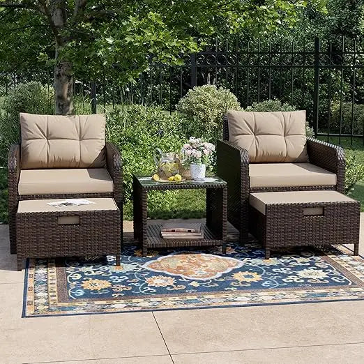Balcony Furniture Five Piece Patio Conversation Set PE Wicker Outdoor