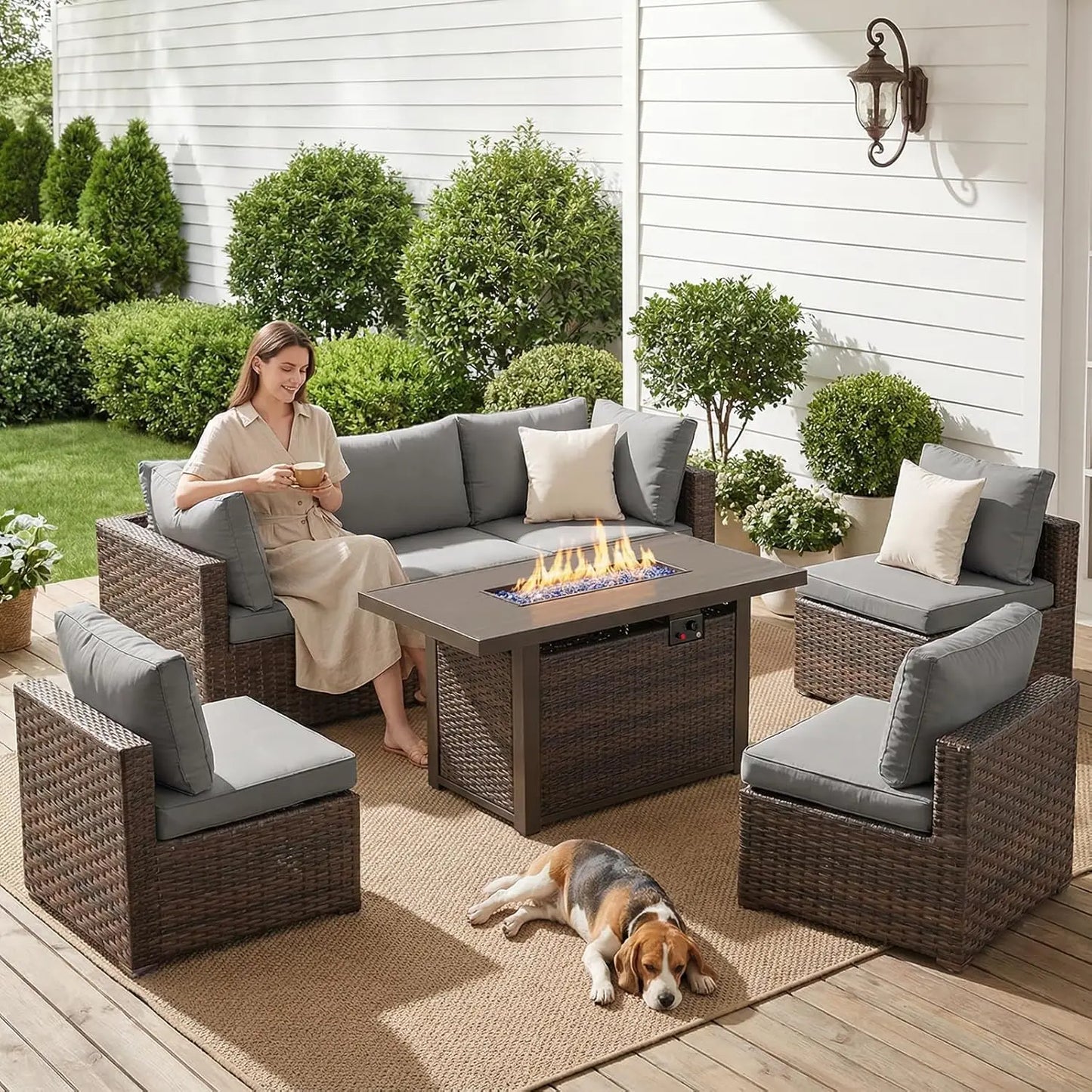 XIAOLANG 7-Piece Outdoor Patio Furniture Set With Firepit Table