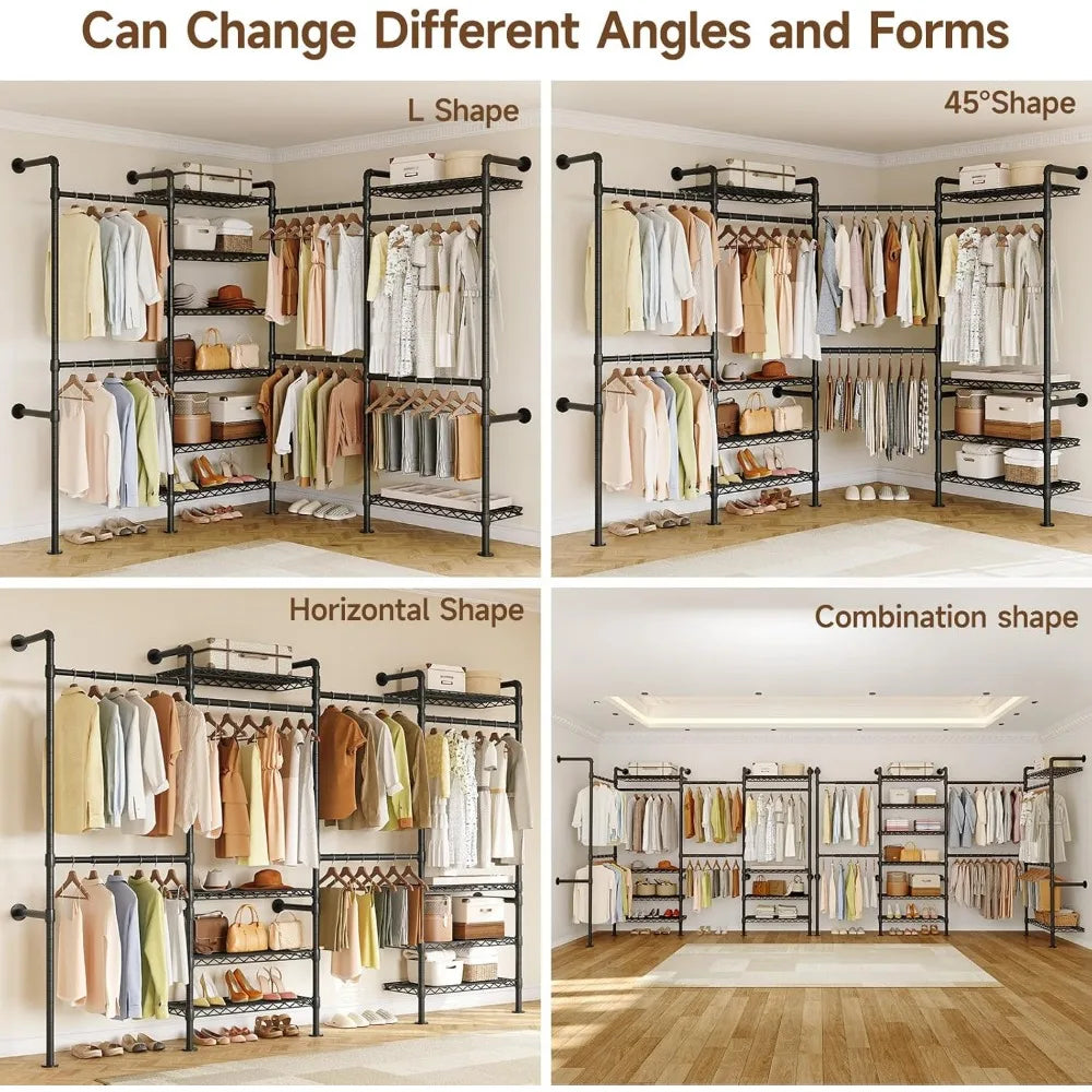 Industrial Wall Mounted Pipe Clothing Rack System For Closet Organization