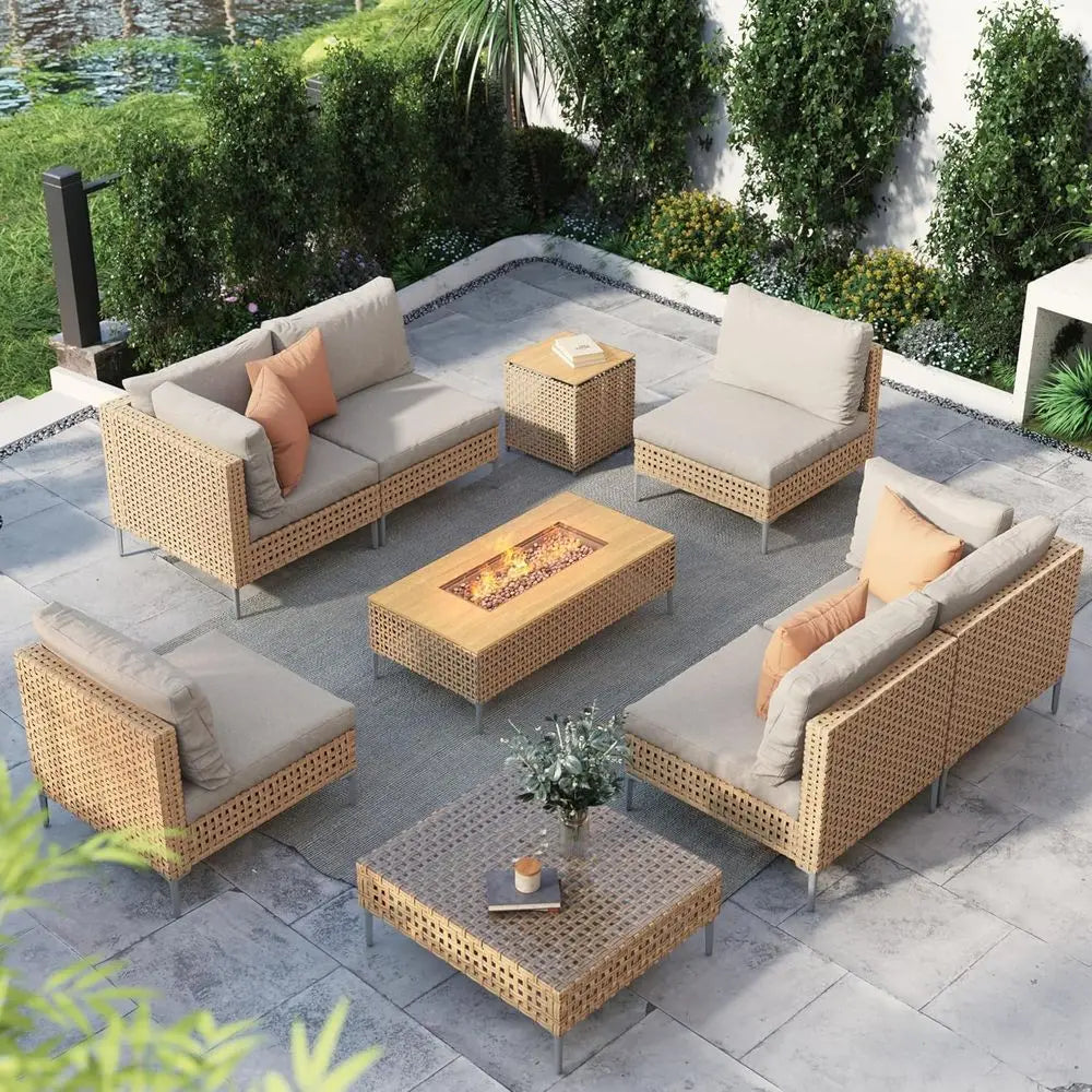 Outdoor Patio Furniture Set With Fire Pit Table Cushioned Seating