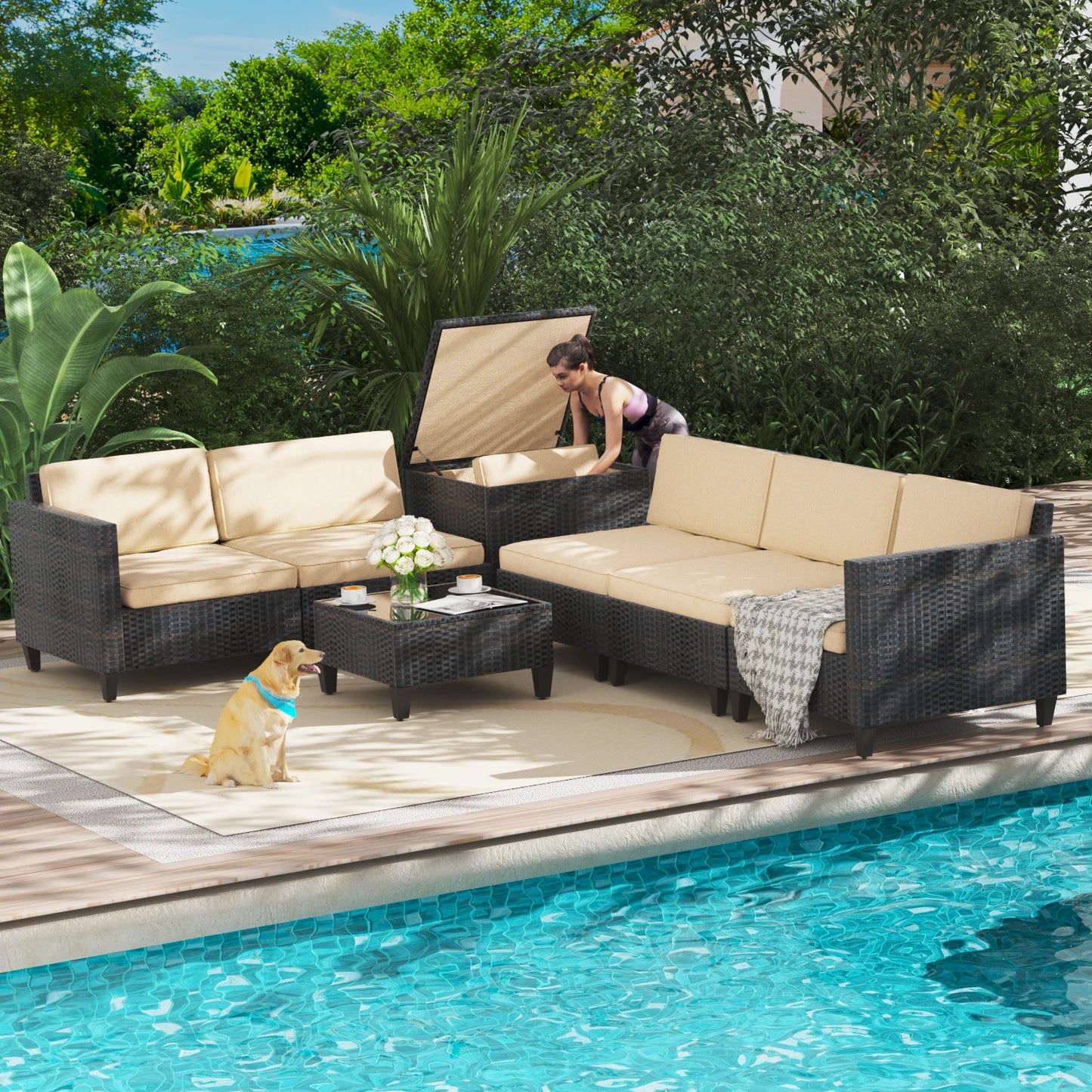 Six To Seven Piece Outdoor Patio Furniture Set With Cushions