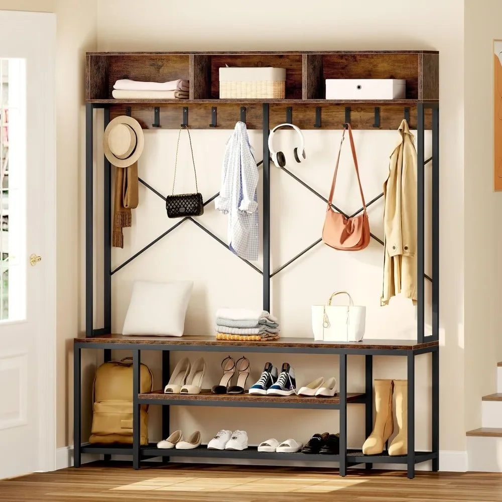 Industrial Entryway Bench With Coat Rack And Shoe Storage