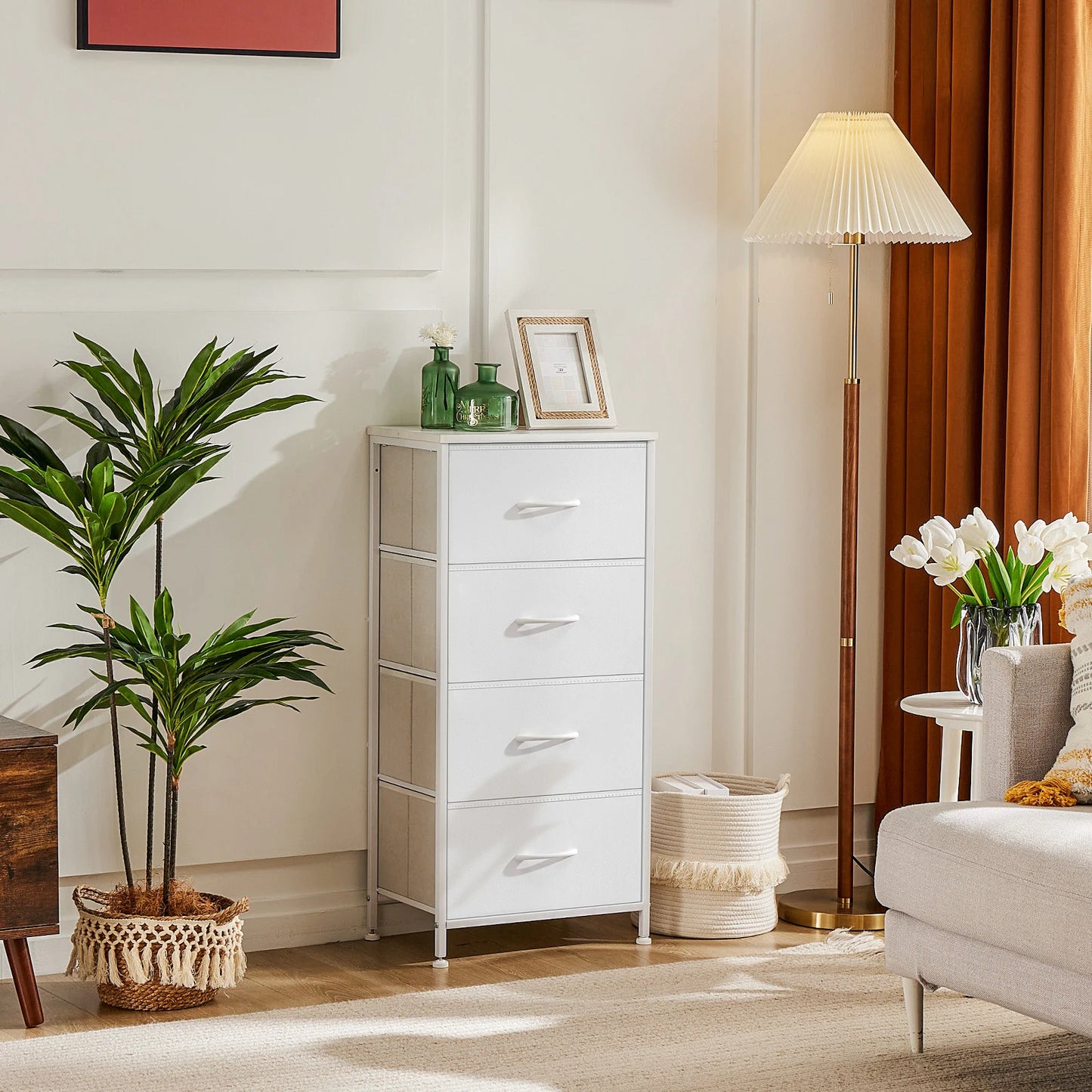 JHK Dresser With 4 Fabric Drawers Nightstand Wardrobe Steel Frame