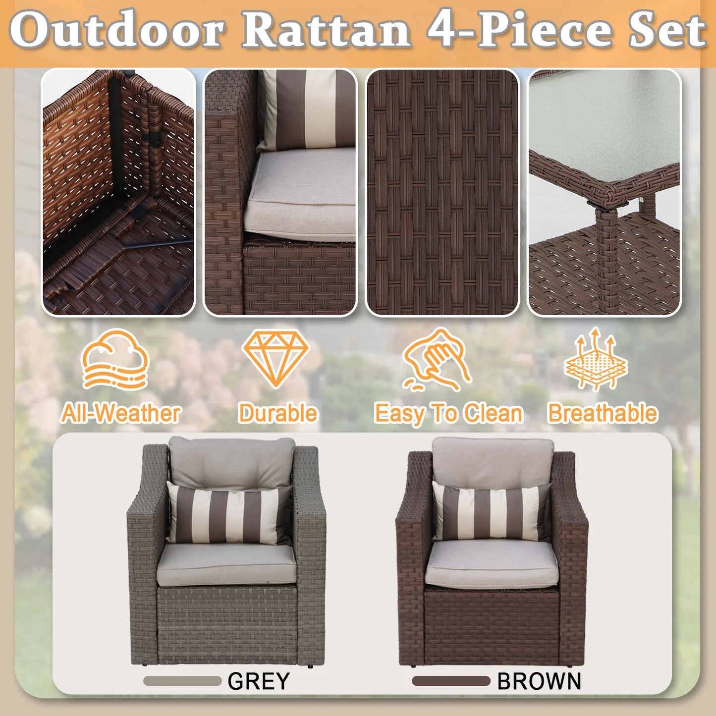 All-Weather Outdoor Patio Furniture Set Wicker Rattan Sectional With Cushions