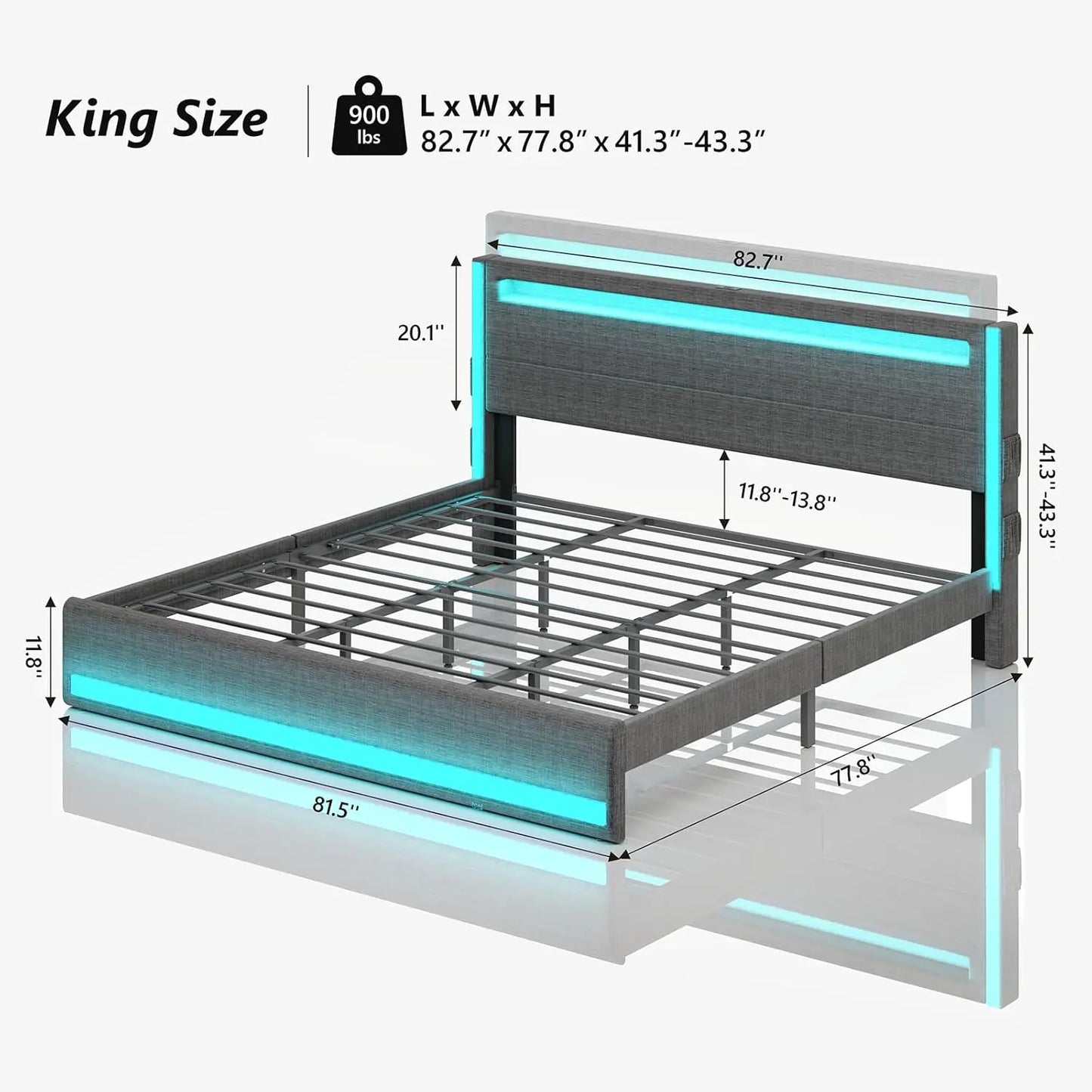 Platform Bed With LED Lights USB Charging Adjustable Headboard