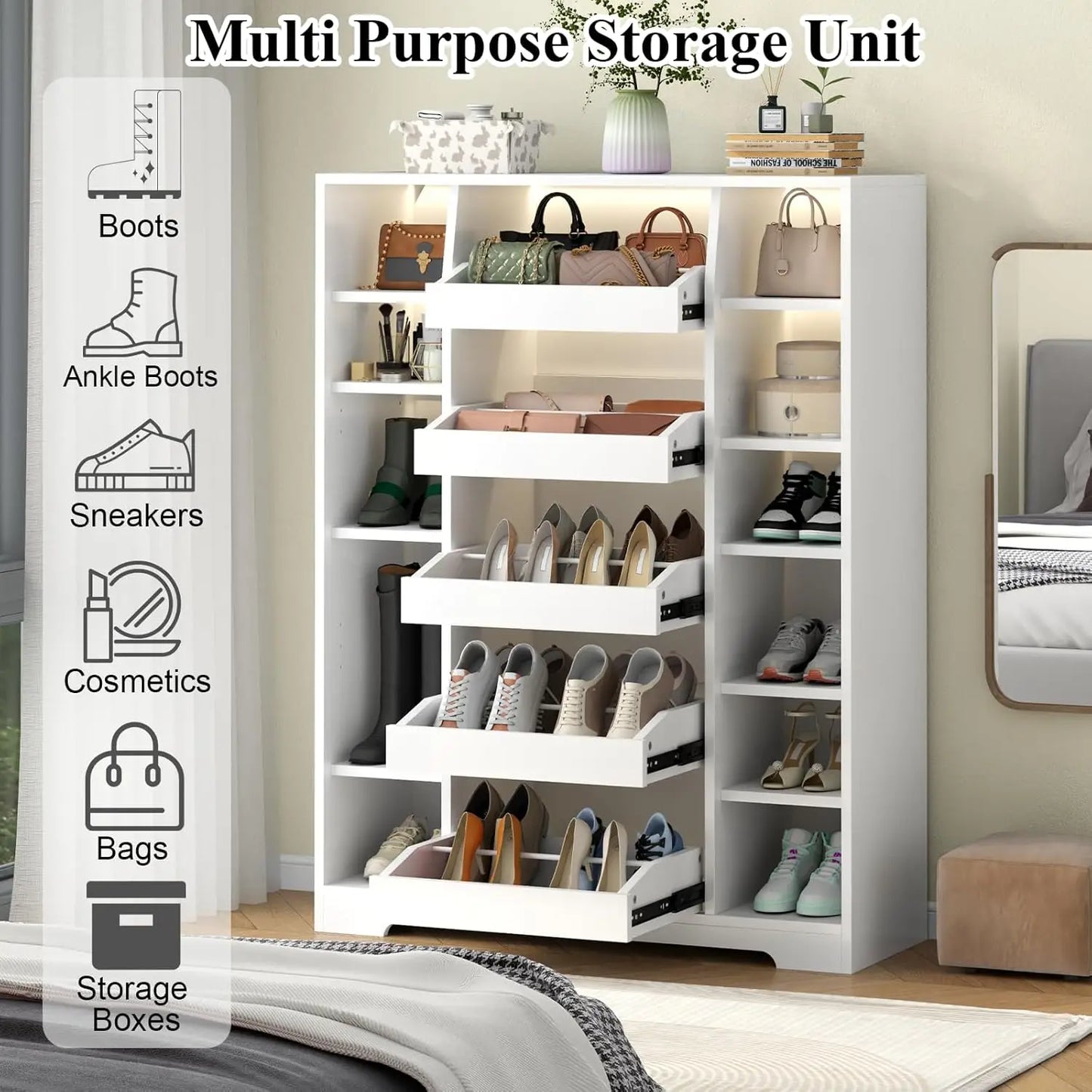 Shoe Storage Cabinet With 5 Drawers And 12 Shelves Freestanding