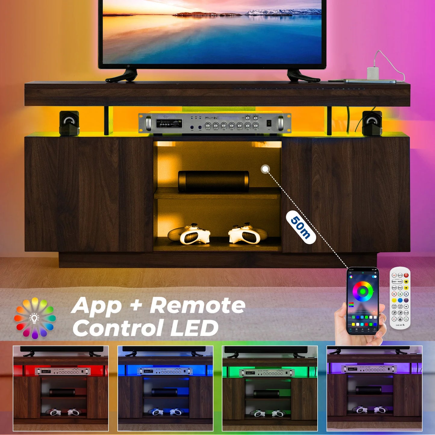 LED TV Stand Entertainment Center With Storage And Outlets
