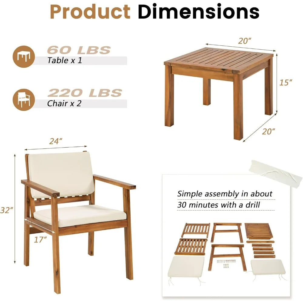 Flamaker 3-Piece Acacia Patio Set With Coffee Table And Cushions
