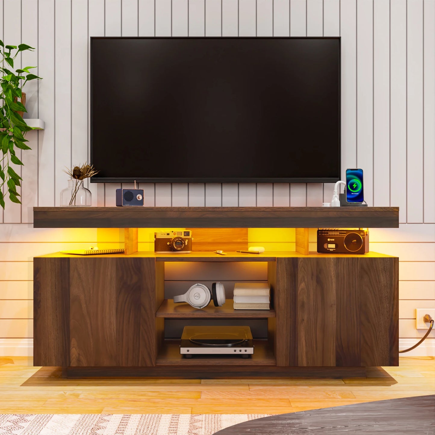 LED TV Stand Entertainment Center With Storage And Outlets