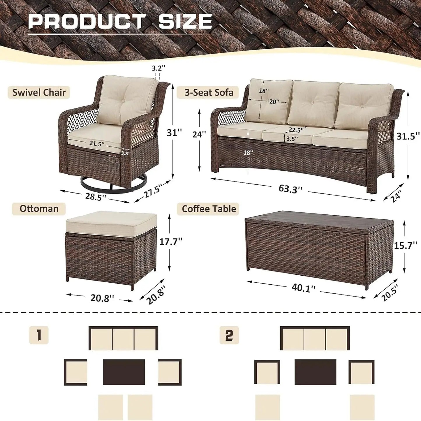 XIAOLANG Wicker Patio Furniture Set With 360 Degree Swivel Chairs