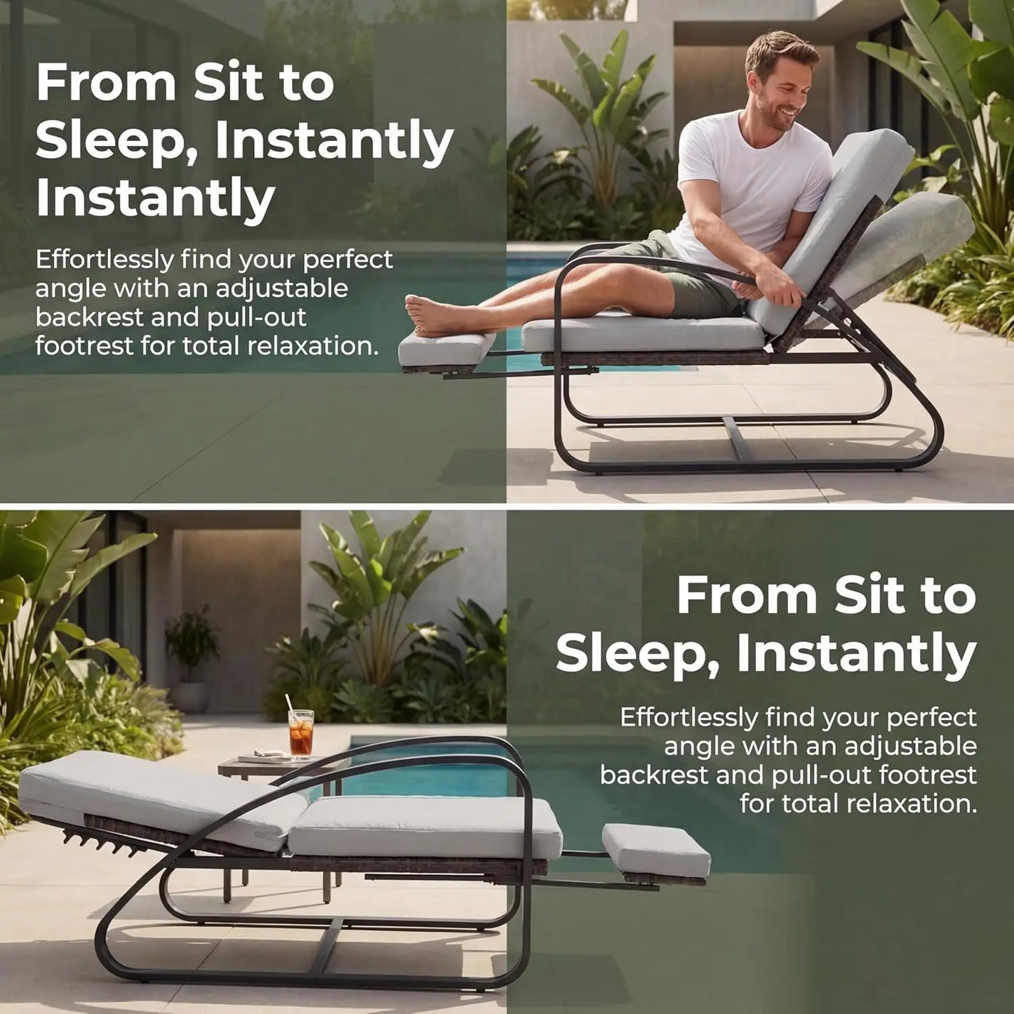 Five Position Adjustable Chaise Lounge Set With Table Outdoor Patio
