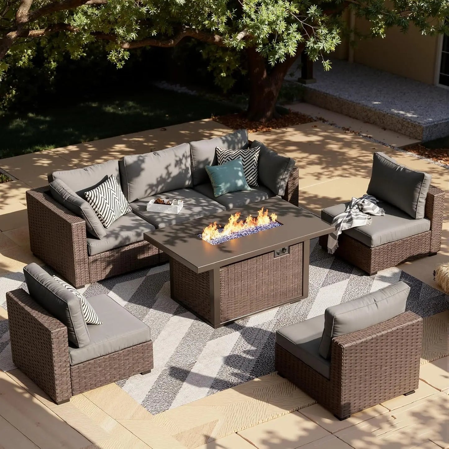 XIAOLANG 7-Piece Outdoor Patio Furniture Set With Firepit Table