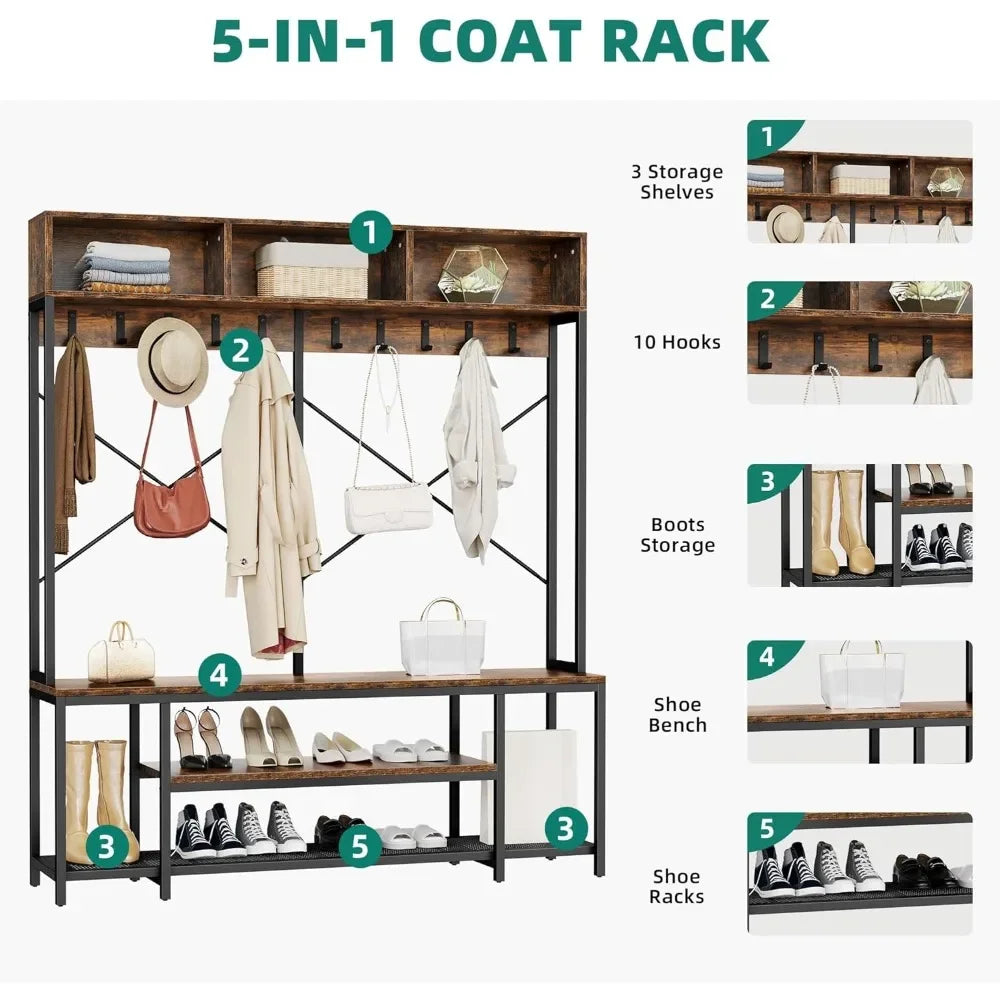 Industrial Entryway Bench With Coat Rack And Shoe Storage