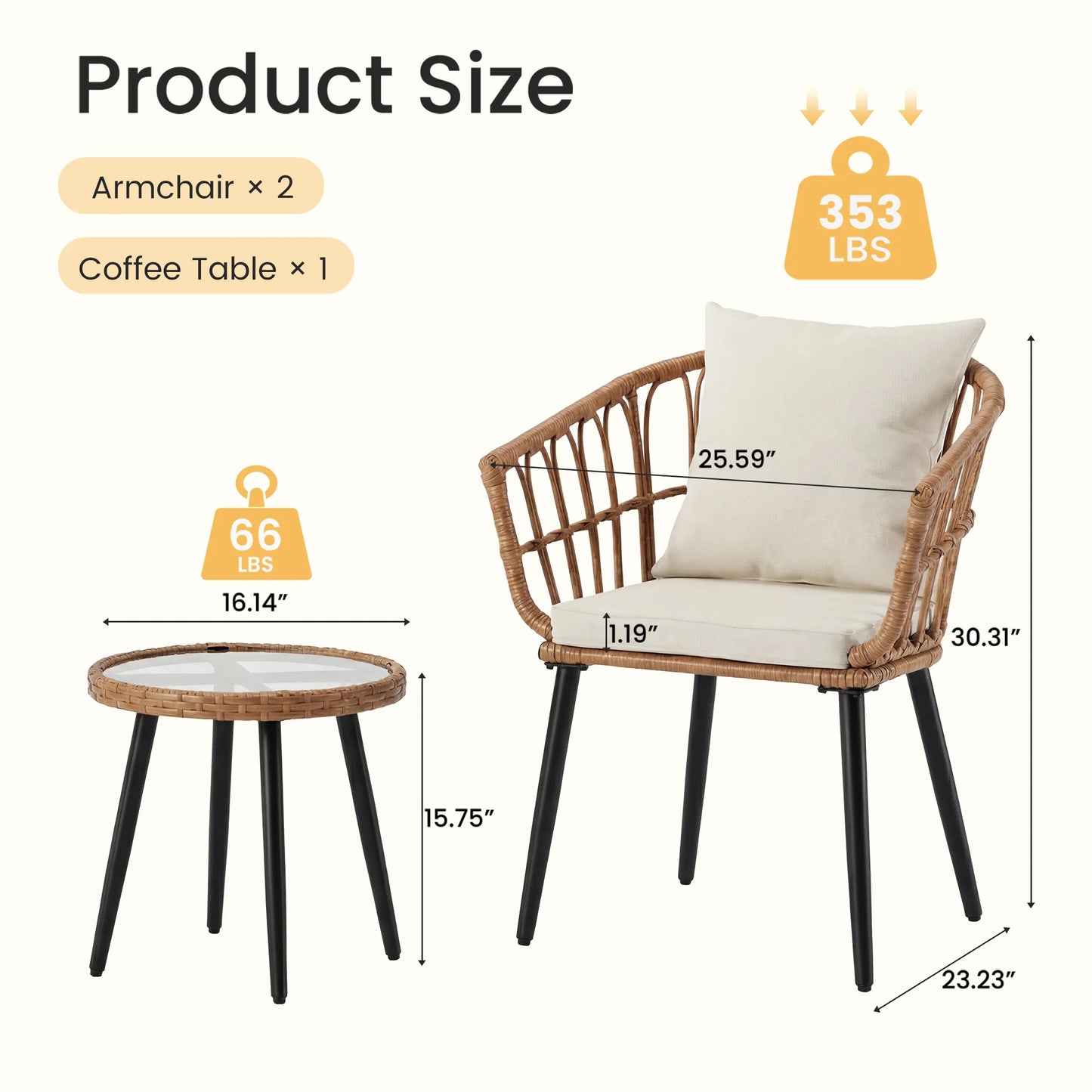 JHK Wicker Patio Set With Glass Table And Soft Cushions
