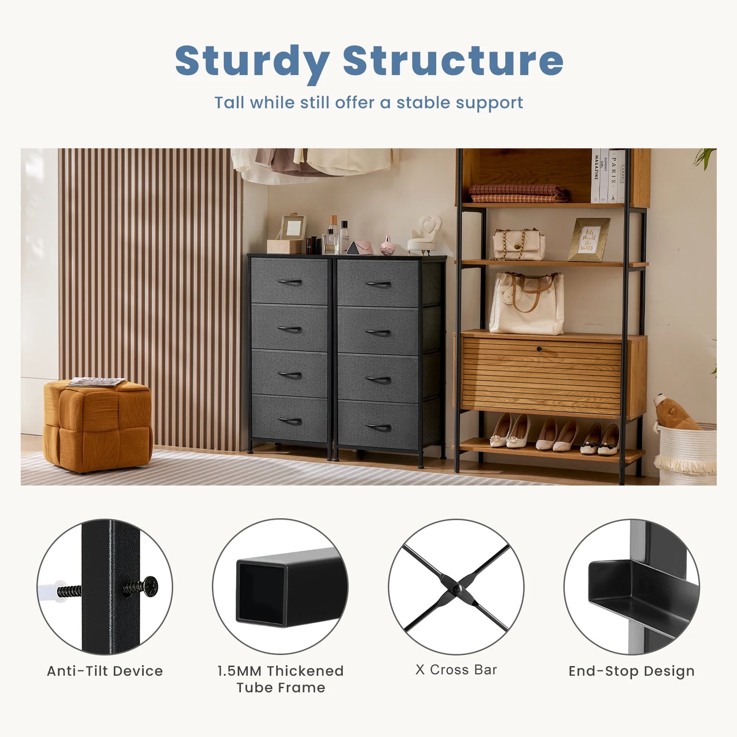 JHK Dresser With 4 Fabric Drawers Nightstand Wardrobe Steel Frame