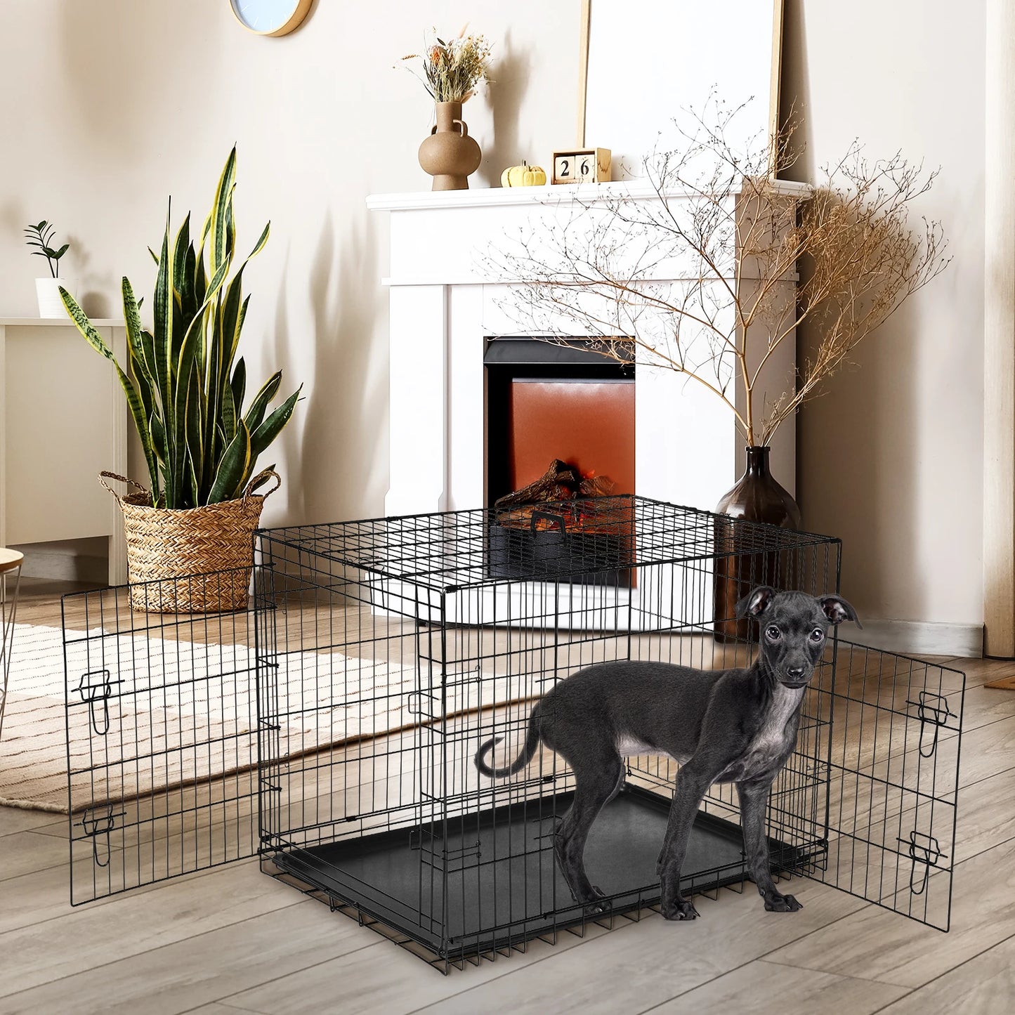 JHK Double Door Folding Metal Dog Cage With Leak Proof Pan