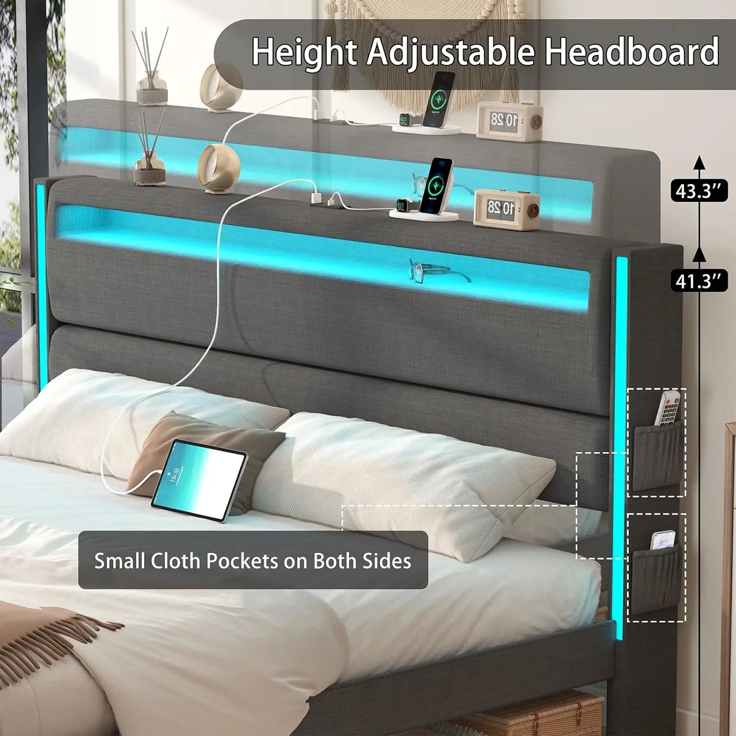 Platform Bed With LED Lights USB Charging Adjustable Headboard
